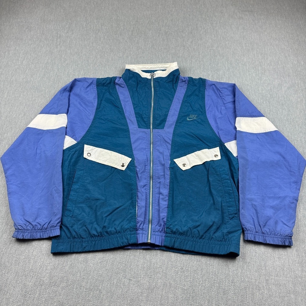 Vintage Nike Jacket Mens Medium Green Purple Windbreaker Colorblock Zip Up 80s
